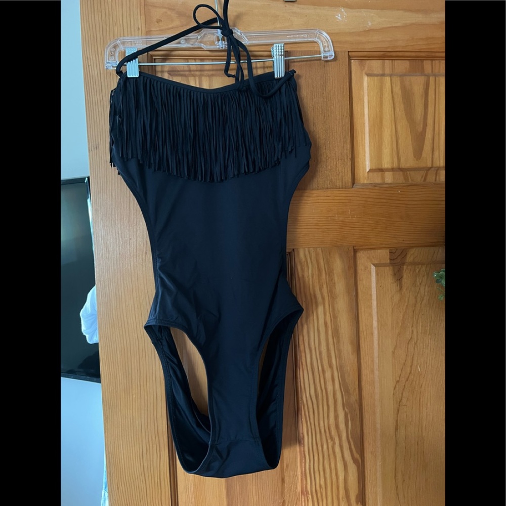 L*Space Women's  One Piece Fringe Bathing Suit black M